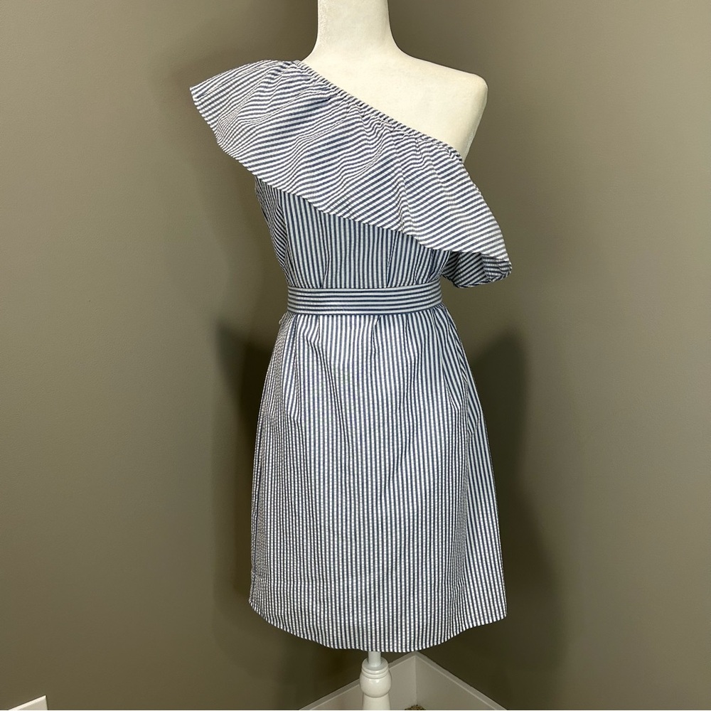 Nine West Striped Searsucker One-Shoulder Dress